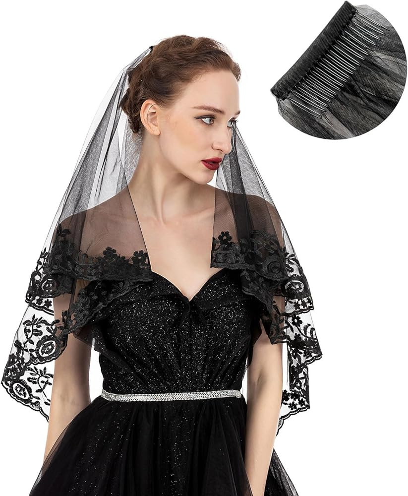 PAMOR Black Lace Veil Creative Cathedral Tulle Sheer Wedding Halloween Veil for Bride With Hand-s... | Amazon (US)