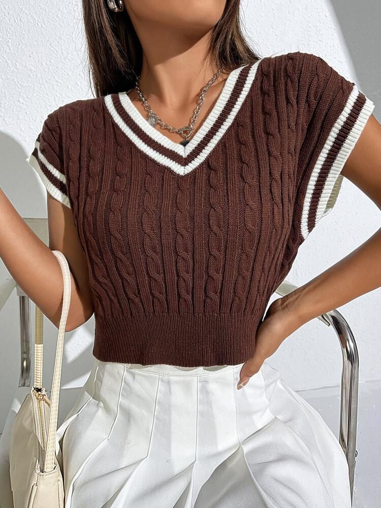 SHEIN Cable Knit Contrast Trim Knit Top | SHEIN
