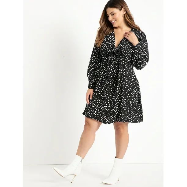 ELOQUII Elements Women's Plus Size Tie Front Dot Print Dress | Walmart (US)