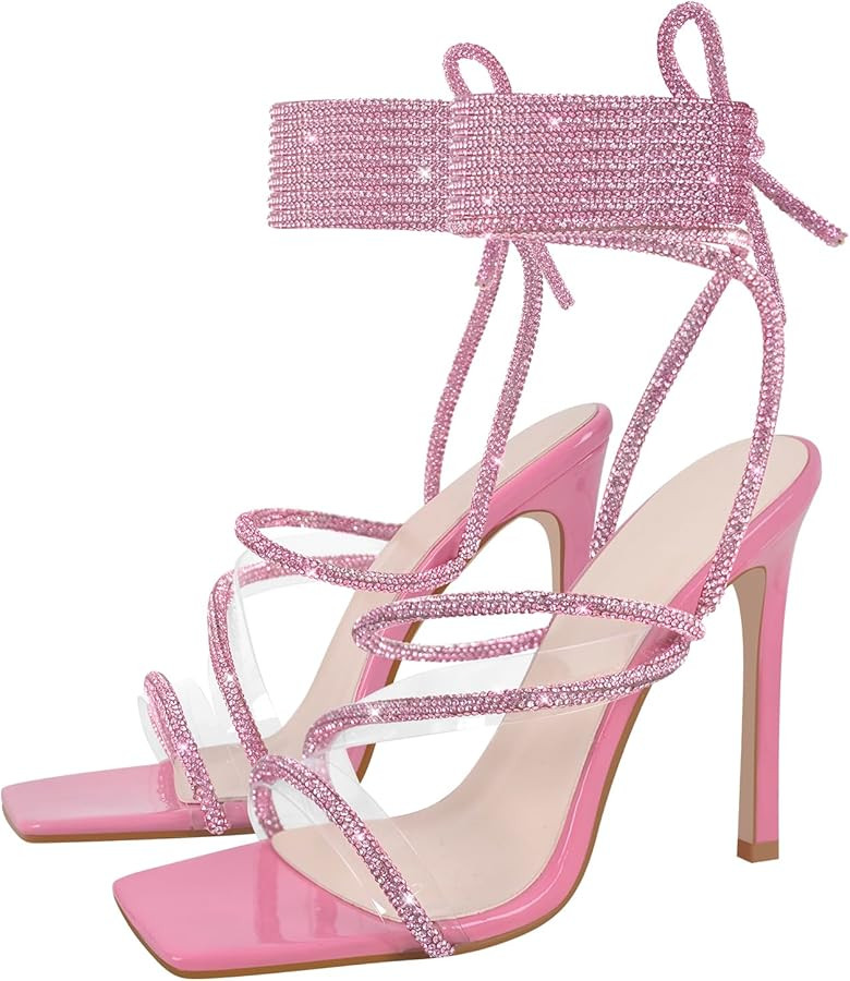 richealnini Women's Sparkly Clear Lace Up Ankle Strap High Heel Sandals | Amazon (US)