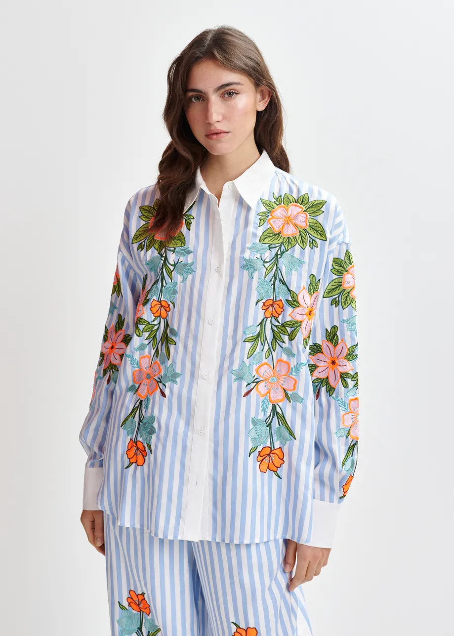 Blue, white and multicolored striped oversized shirt with embroideries | Essentiel Antwerp United... | Essentiel Antwerp