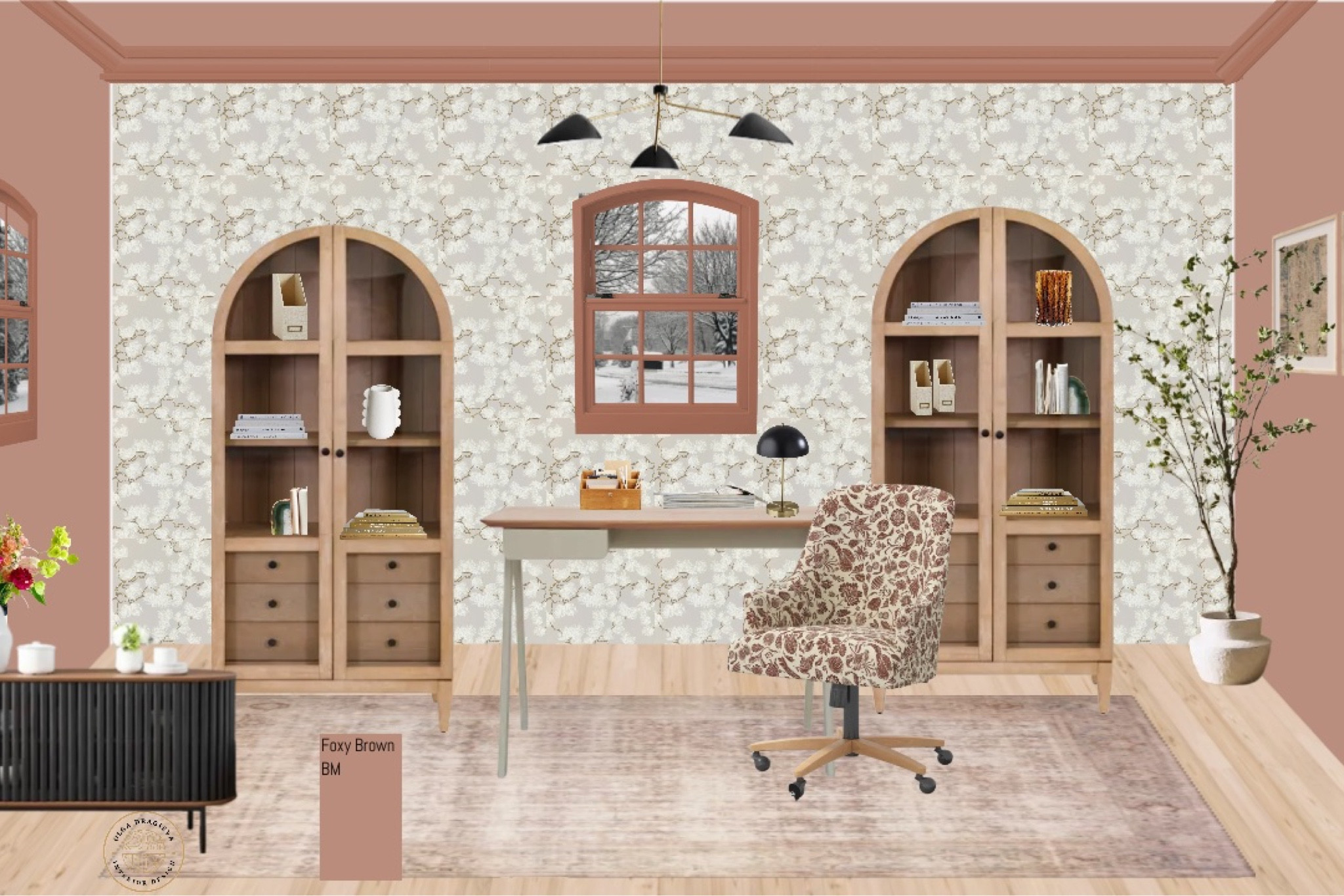 Another beautiful office design/moodboard! I love the gorgeous office chair by Studio McGee for Target, moody and neutral rug from Wayfair. The beautiful office desk is from Blu Dot. Mid-century modern black chandelier from West Elm and an arched cabinet from Walmart. Paint color is Foxy Brown by Benjamin Moore. 

#LTKstyletip #LTKhome #LTKSeasonal