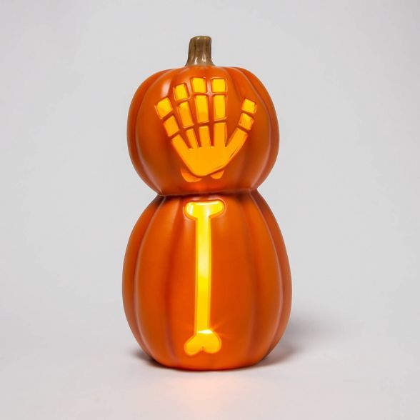 Lit Double Stack Pumpkin with Skeleton Hand Halloween Decorative Prop - Hyde & EEK! Boutique™ | Target