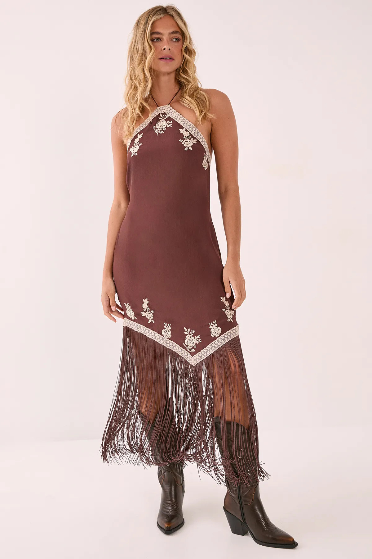 Chocolate Nasty Gal Western Embroidered Halter Neck Fringe Mini Dress | Boohoo USA | boohoo (US & Canada)
