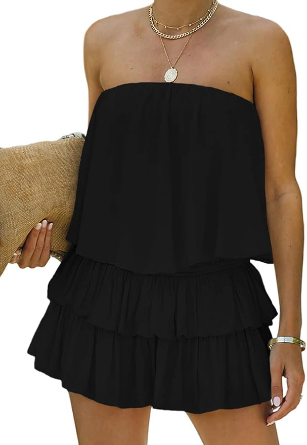 MIRACMODA Women Off The Shoulder Romper Flowy Strapless Smocked Jumpsuit Playsuits Dress | Amazon (US)