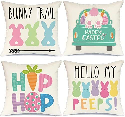 Easter Pillow Covers 16x16 Set of 4 Easter Decorations for Home Bunny Truck Hello Peeps Hip Hop Pill | Amazon (US)