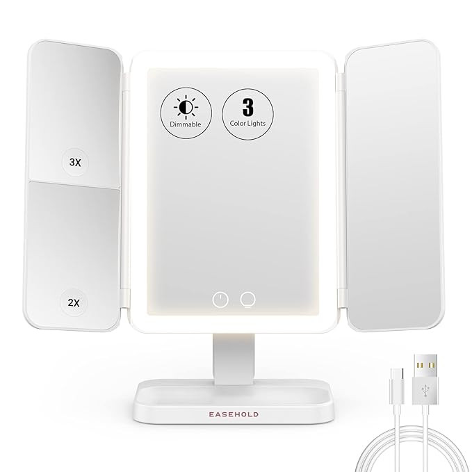 EASEHOLD Lighted Makeup Mirror, 1X/2X/3X/10X Magnifying Mirror with Lights, 3-Color Light Trifold... | Amazon (US)