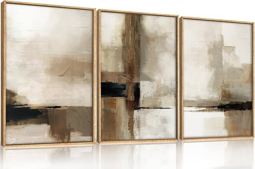 HOURIA Large Abstract Neutral Framed Canvas Wall Art Set,Brown Beige Wall Decor,Minimalist Black ... | Amazon (US)