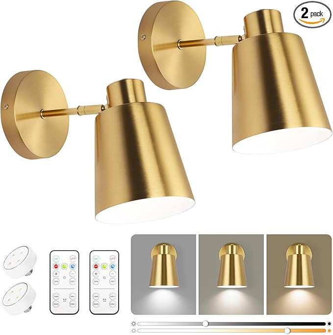 Gold Wireless Battery Operated Wall Sconces, Industrial Cordless Battery Powered Led Wall Lights ... | Amazon (US)