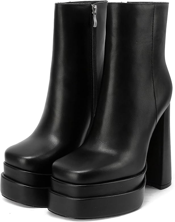 amiuwen High Heeled Ankle Bootie,Chunky Heel Boots,Double Platform,Square Toe and Side Zipper,for... | Amazon (US)