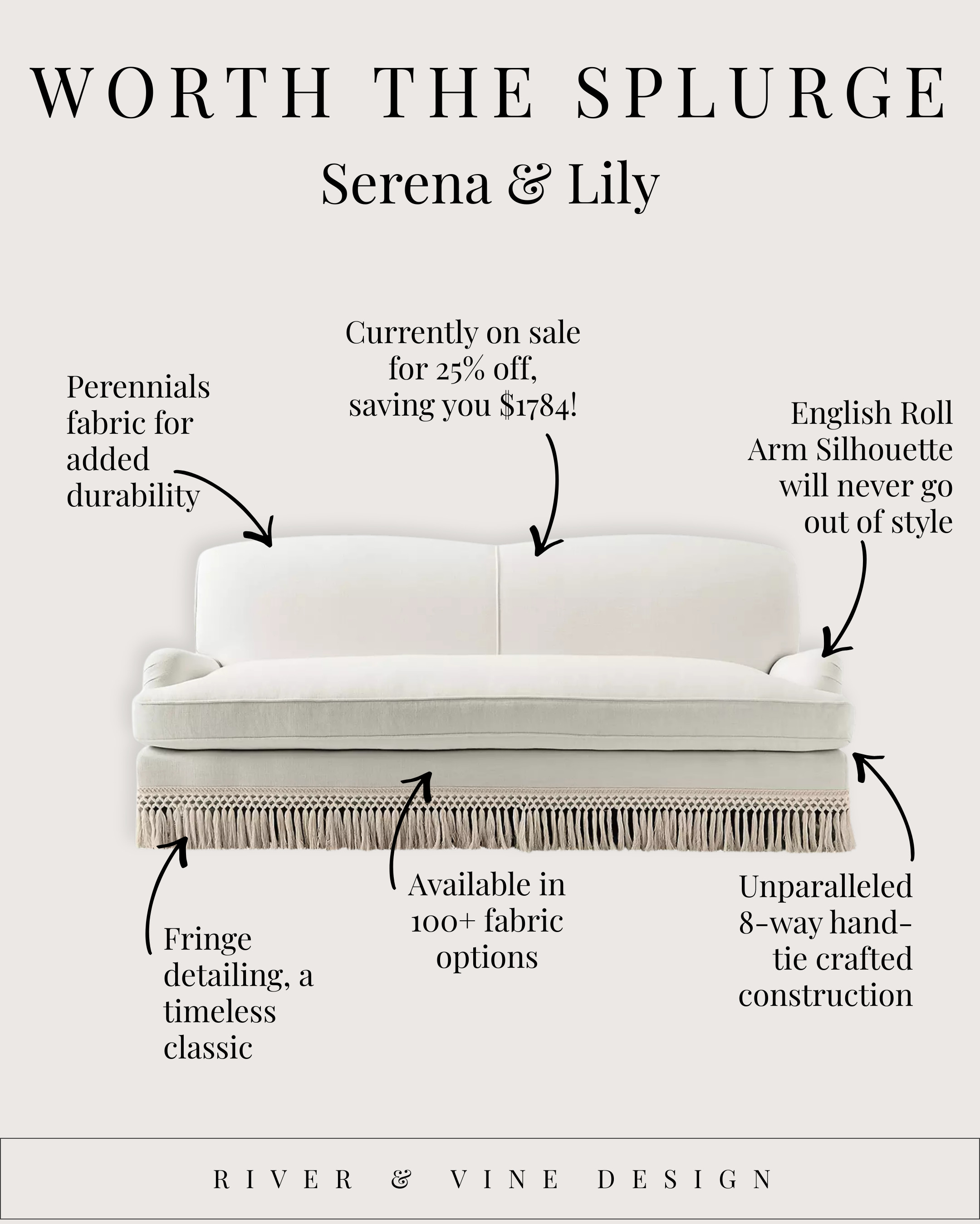 "Some furniture is expensive. Some furniture is worth the splurge. This is the difference.

The Miramar from Serena & Lily is a perfect example of where quality actually matters. From the 8-way hand-tied construction to the perennials performance fabric, this is the kind of piece that looks beautiful now and still looks beautiful ten-plus years from now.

The English roll arm silhouette is timeless, the fringe detailing adds subtle character, and the fact that it comes in 100+ fabric options means you can truly customize it to your space. This isn’t trend-driven furniture. It’s foundational furniture.

And right now, it’s 25% off. That’s a real savings on something you’ll live with every single day. If you’ve been waiting to invest in a sofa that won’t need replacing, this is the moment.

Splurging only makes sense when the quality, design, and longevity are all there. This one checks every box!" 

 #LTKHome