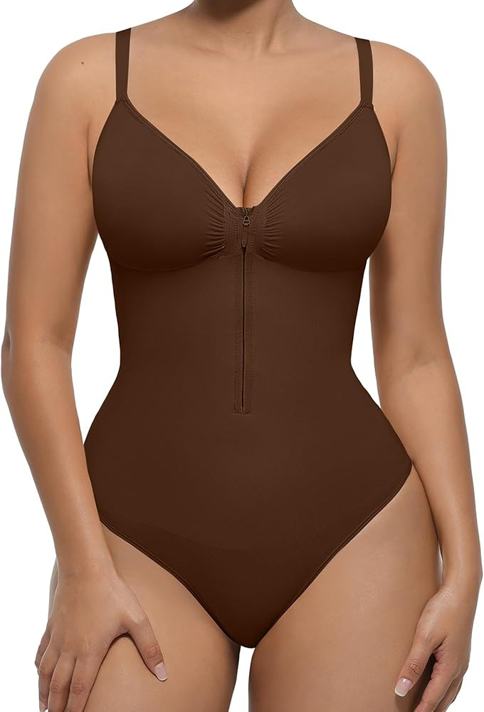 FeelinGirl Women's Tummy Control Shapewear Bodysuit Zip-Up Sculpting Seamless V Neck Thong Waist ... | Amazon (UK)