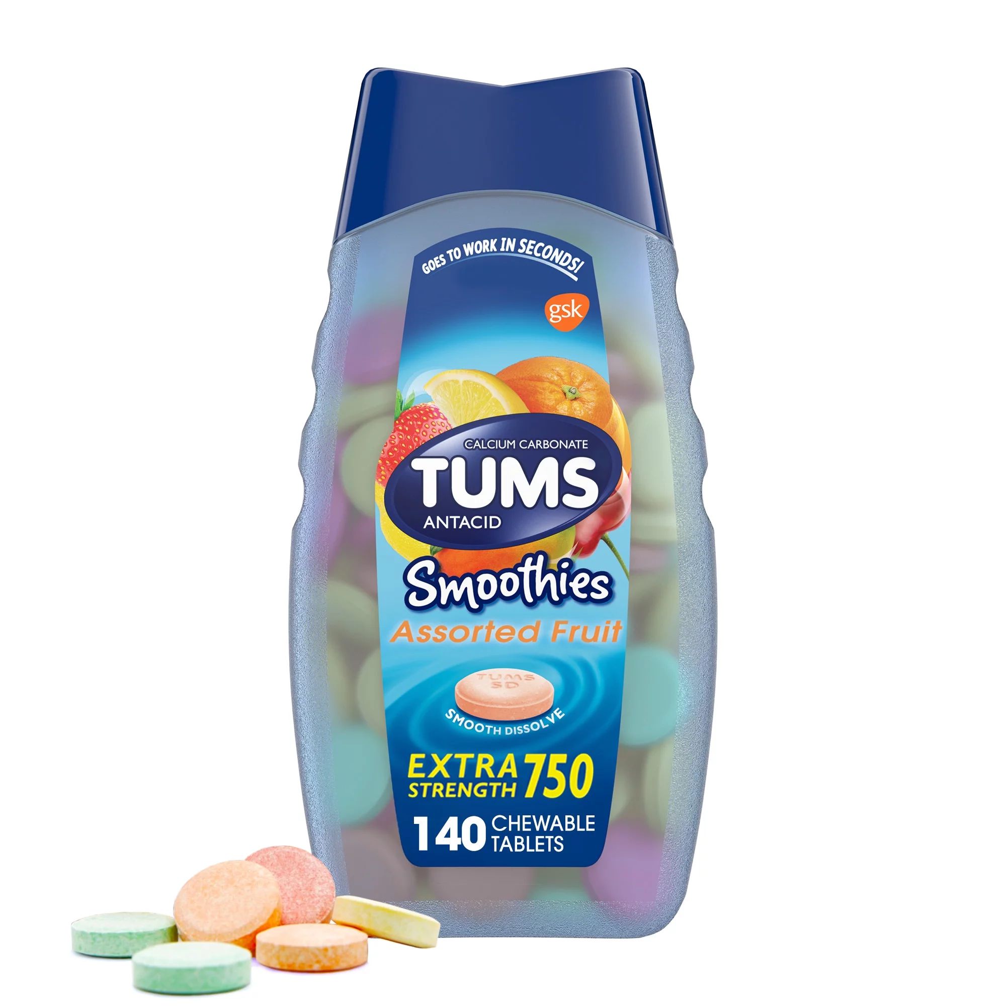 Tums Smoothies Assorted Fruit Extra Strength Chewable Antacids, 140 Ct | Walmart (US)