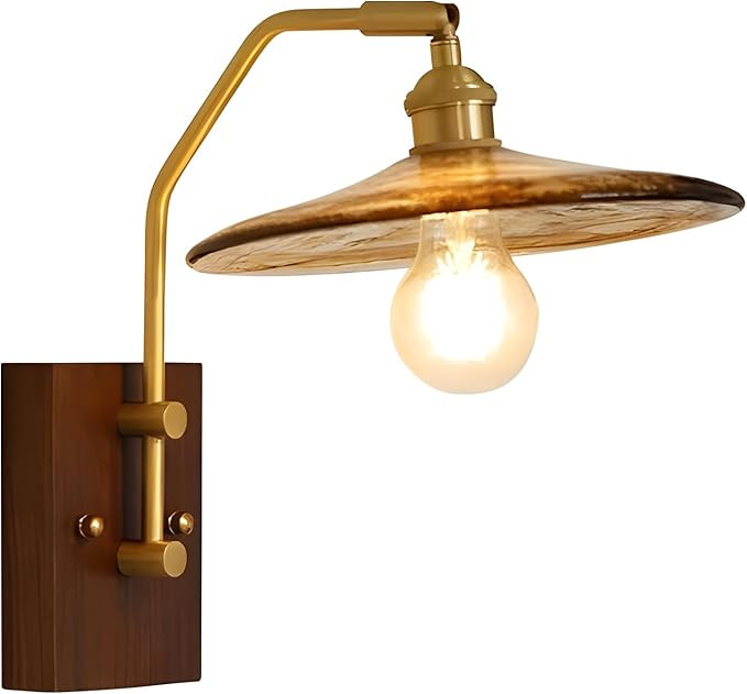 Vintage Brass Wall Sconce with Amber Glass and Wood Backplate,E26,Type B | Amazon (US)