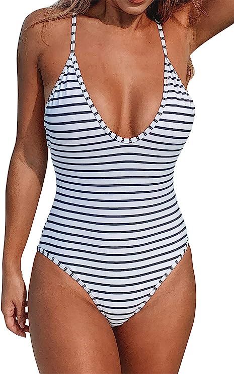 CUPSHE Women's Simple Living Stripe One-Piece Swimsuit Bathing Suit | Amazon (US)