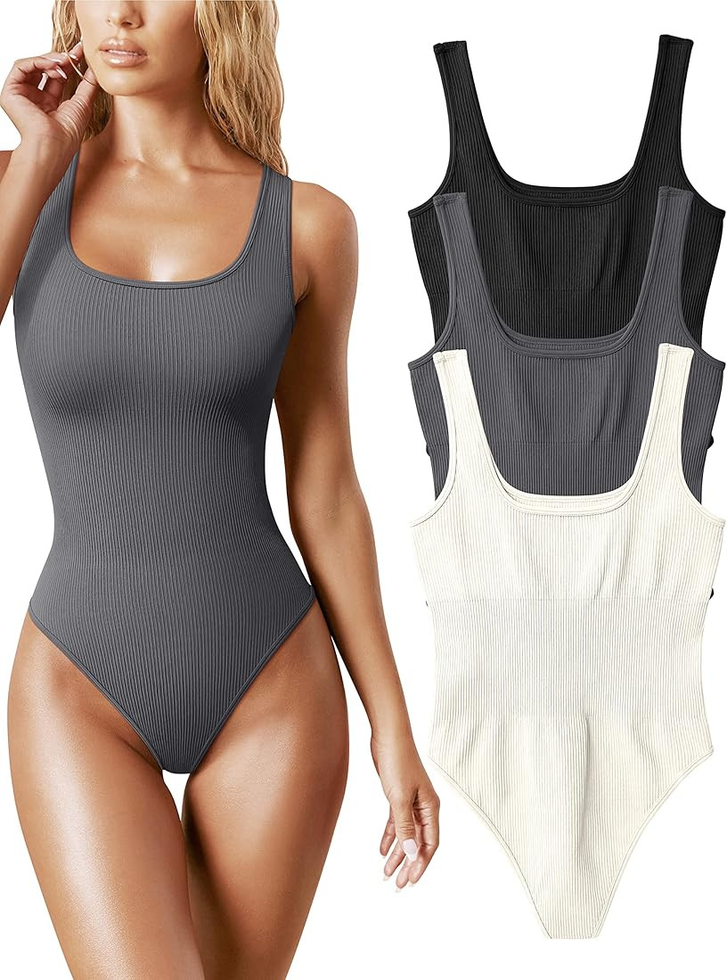 OQQ Women's 3 Piece Bodysuits Sexy Ribbed Sleeveless Square Neck Sleeveless Tank Tops Bodysuits | Amazon (US)