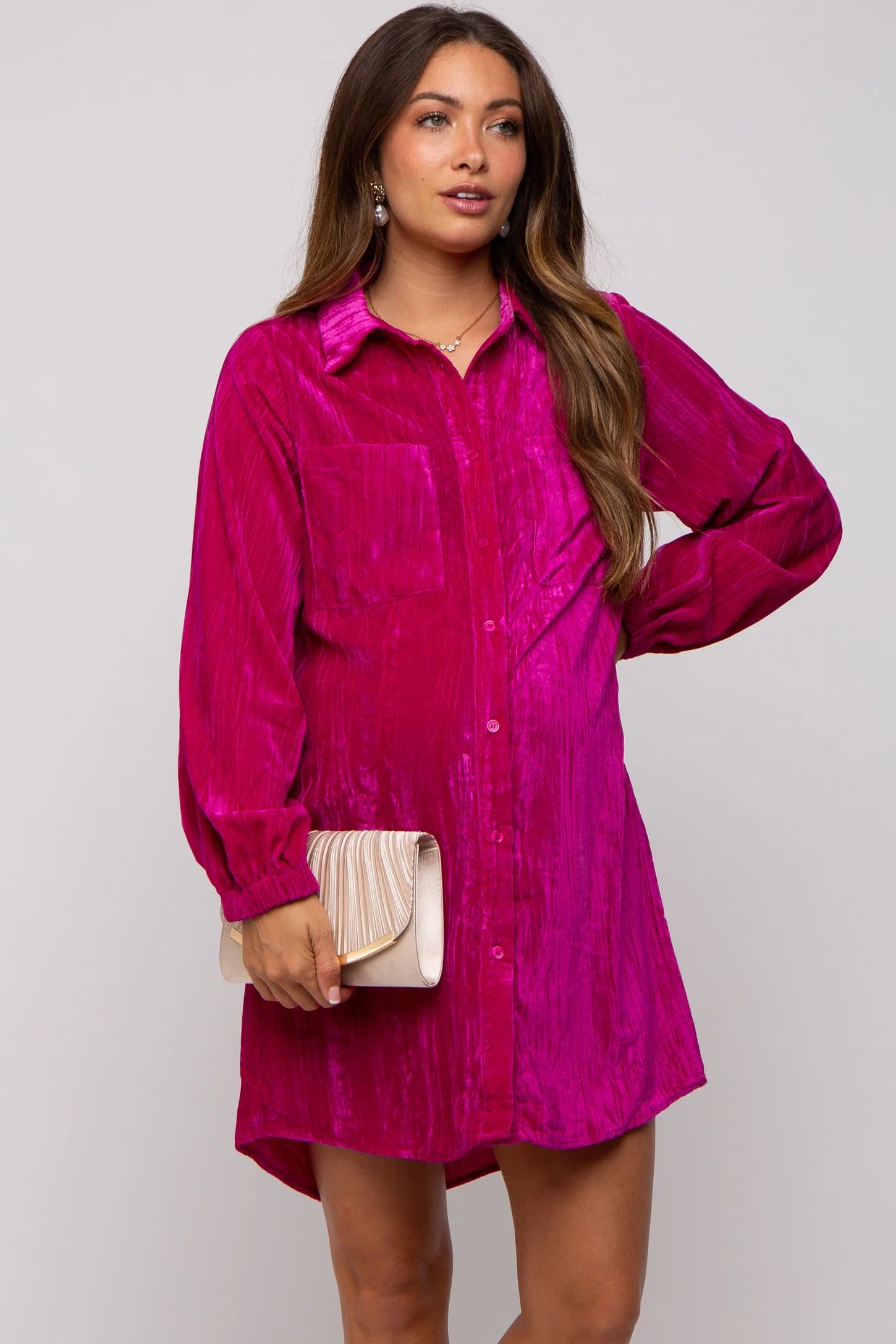 Magenta Velour Button Up Maternity Dress | PinkBlush Maternity