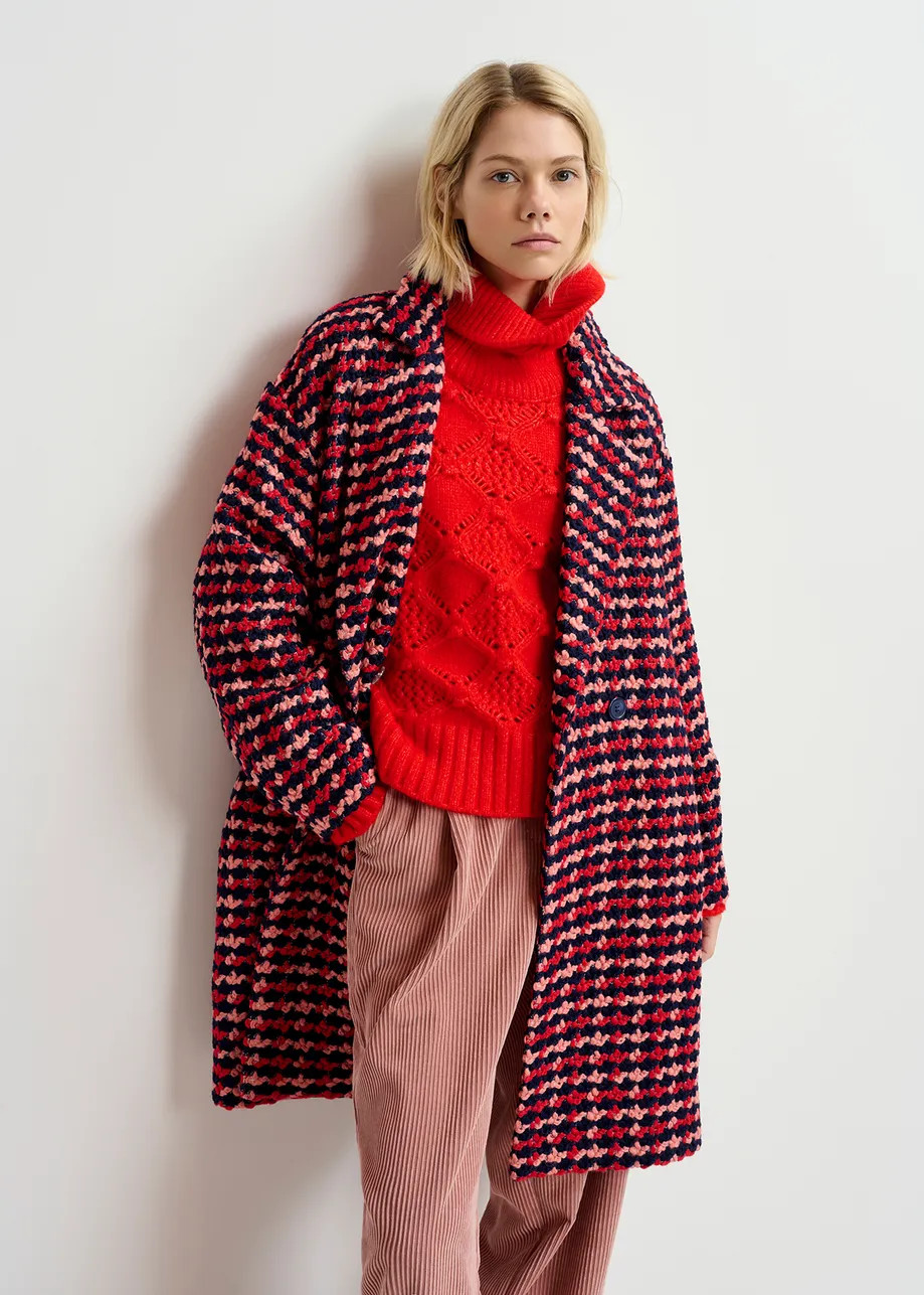 Navy blue, red and peach wool-blend tweed coat | Essentiel Antwerp United Kingdom | Essentiel Antwerp