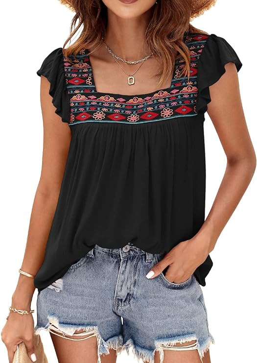 DOROSE Womens Square Neck Embroidered Tops Flowy Babydoll Tops Ruffle Sleeve Boho Peasant Blouses | Amazon (US)