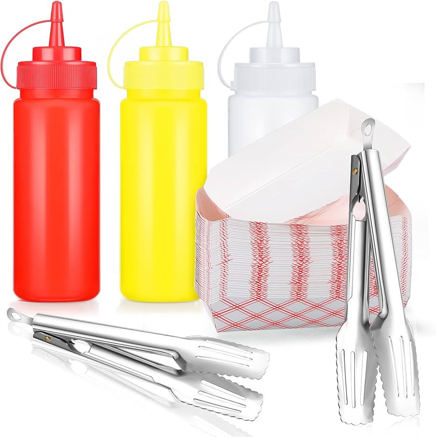 105 Pcs Hot Dog Accessories, 100 Pcs Disposable Paper Food Tray 3 Pack 12 oz Plastic Squeeze Bott... | Amazon (US)