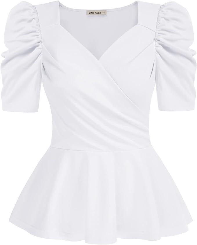 GRACE KARIN Womens Summer Tops Elegant Dressy 2026 Peplum Wrap Top V Neck Puff Short Sleeve Blous... | Amazon (US)