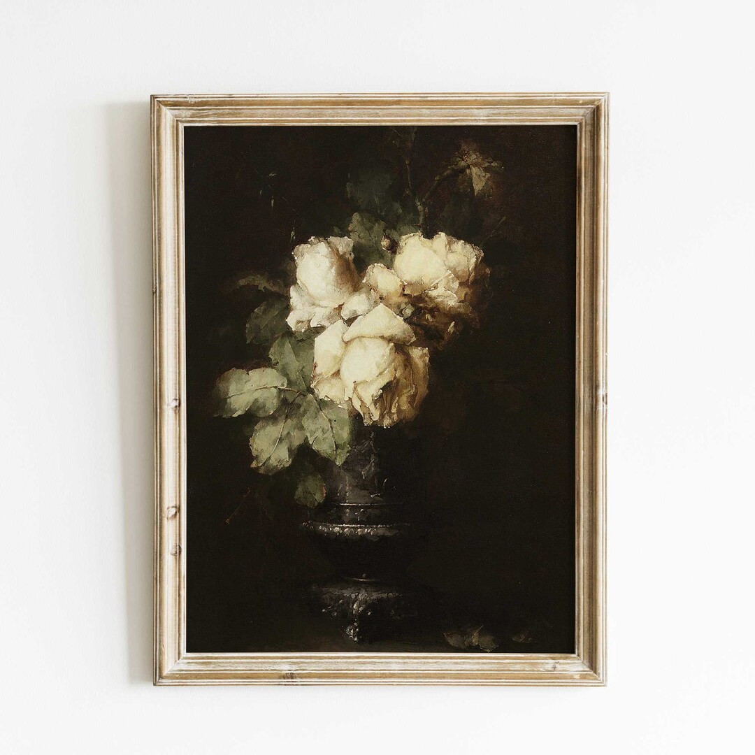 Roses in Vase Painting Print, Dark and Moody Floral Painting, Vintage Still Life Painting Print,a... | Etsy (US)
