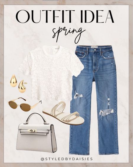 Spring outfit idea jeans white top purse bag sandals 