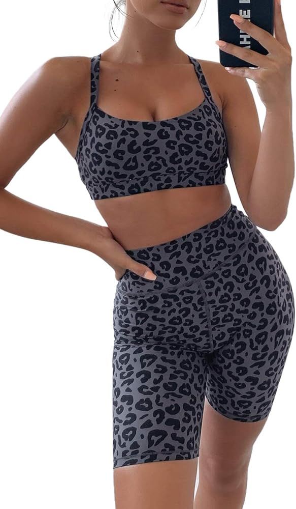 Happy Sailed Women 2 Piece Set Workout Athletic Shorts Leggings and Sports Bra Set Leopard Print ... | Amazon (US)