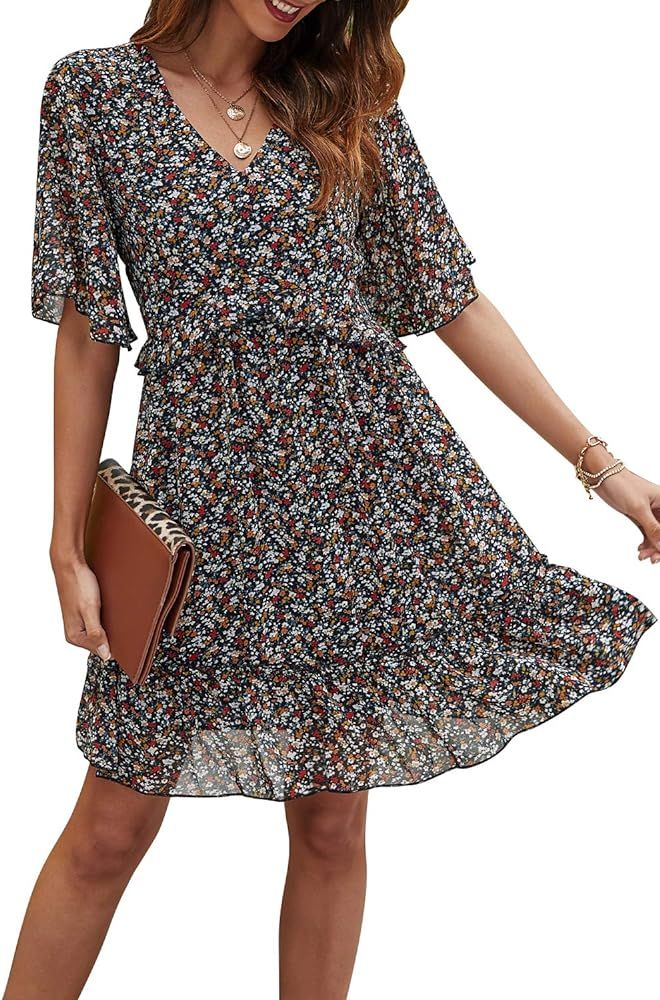 Manydress Women's Summer Floral Print V Neck Casual Mini Boho Ruffle Swing Dress MY068 | Amazon (US)