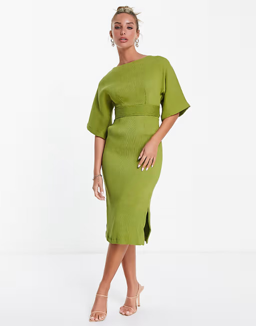 Closet London ribbed pencil dress with tie belt in olive green | ASOS (Global)