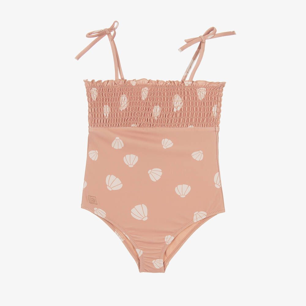 Girls Pink Shell Print Swimsuit (UPF40+) | Childrensalon