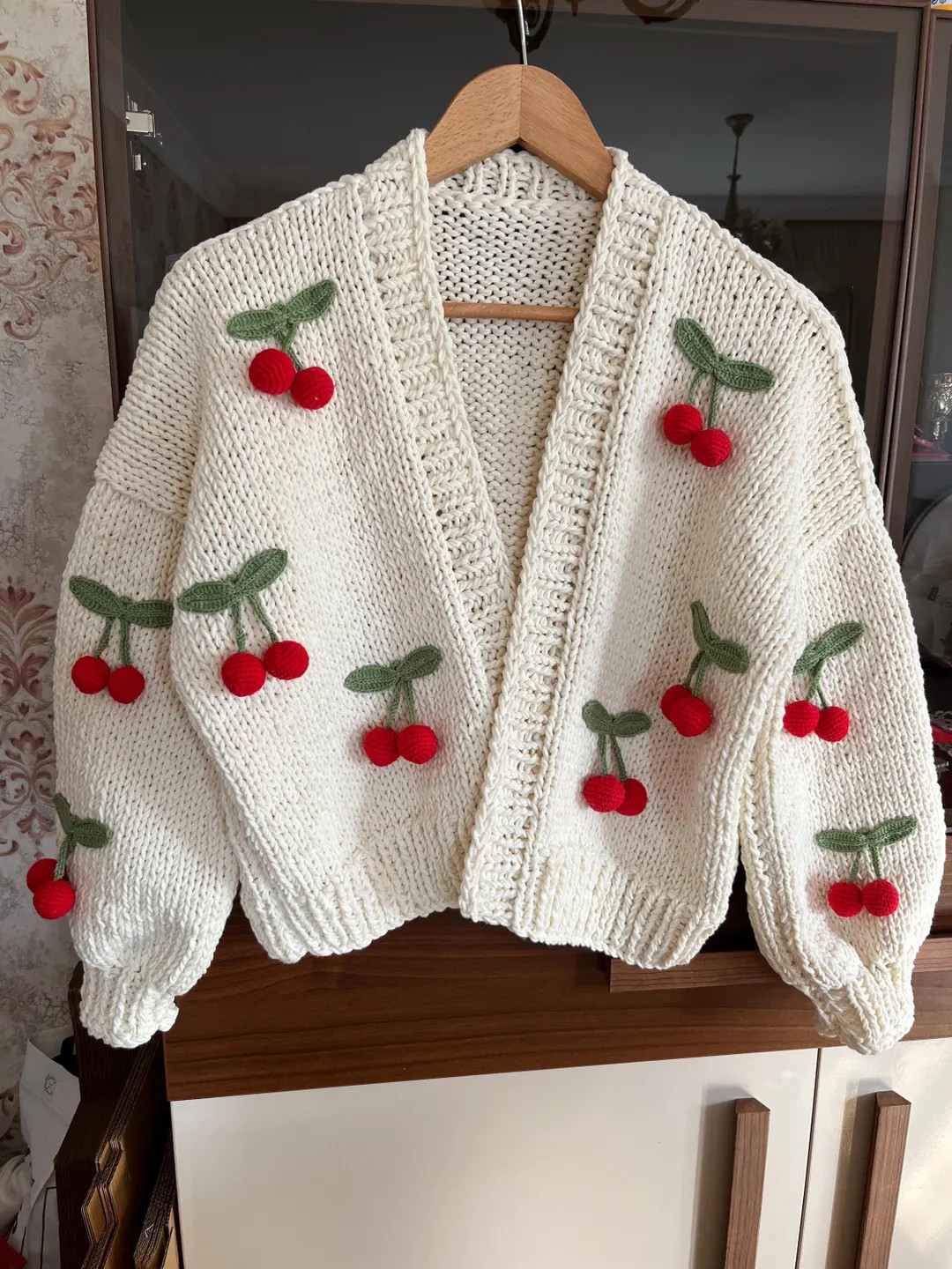 Cherry cotton cardigan, woman fruit embroidery jumper, handmade trendy sweater, spring summer kni... | Etsy (US)