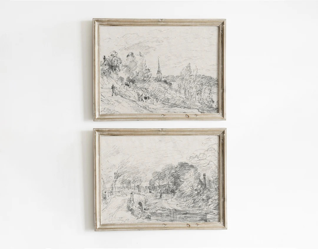 Antique landscape sketch set | printable vintage scenery drawings | Etsy (US)