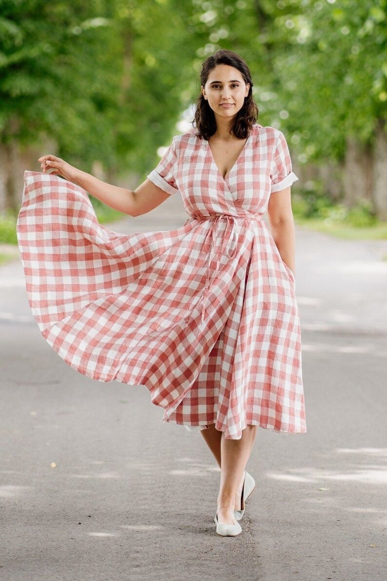 TAILORED WRAP DRESS | Women's Linen Wrap Dress | Linen Maxi Wrap Dress | Vintage Pink Checkered D... | Etsy (US)