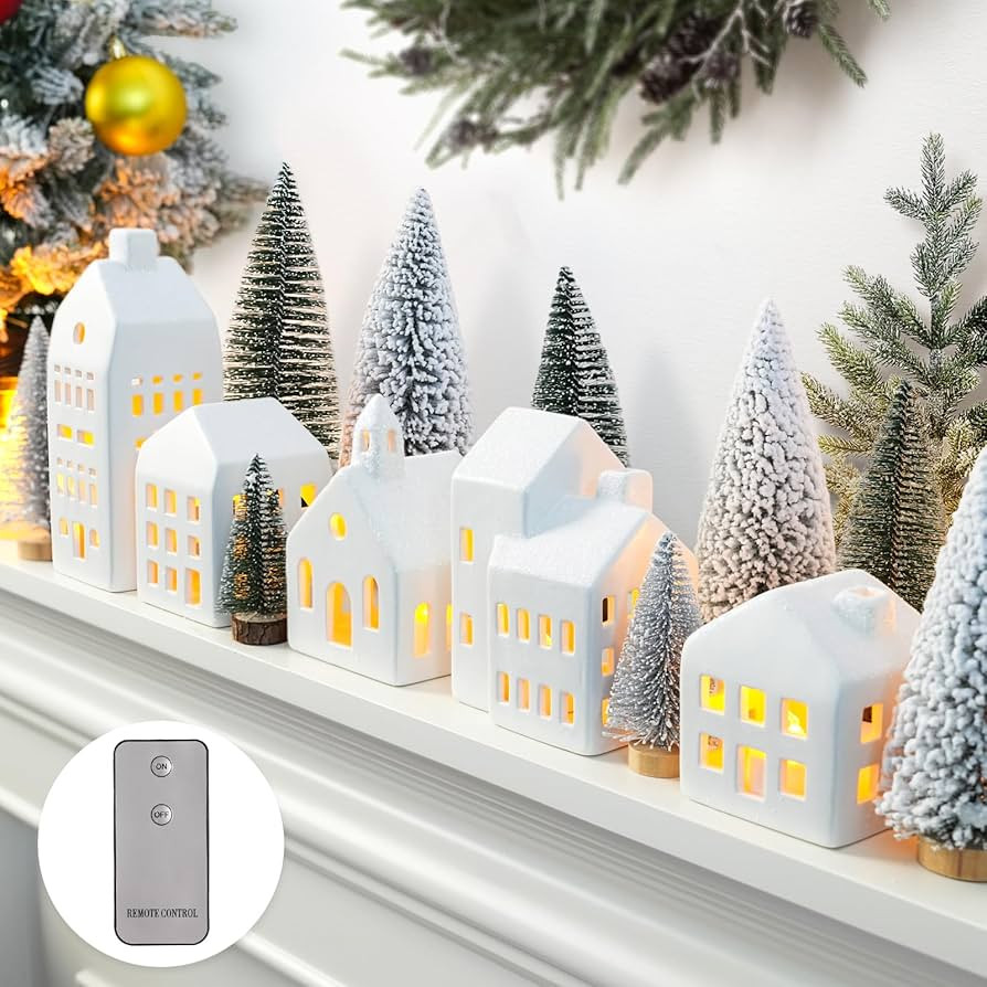 Christmas Decorations Indoor - Christmas Village Sets of 5 Ceramic Houses with LED Lights Remote ... | Amazon (US)