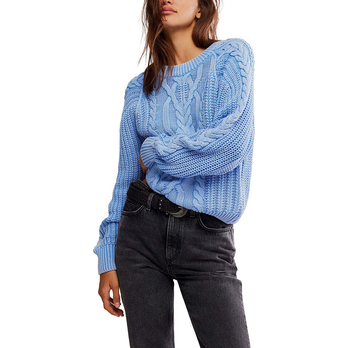 Free People Frankie Cable Sweater - Women's Della Robbia Blue, XL | Backcountry