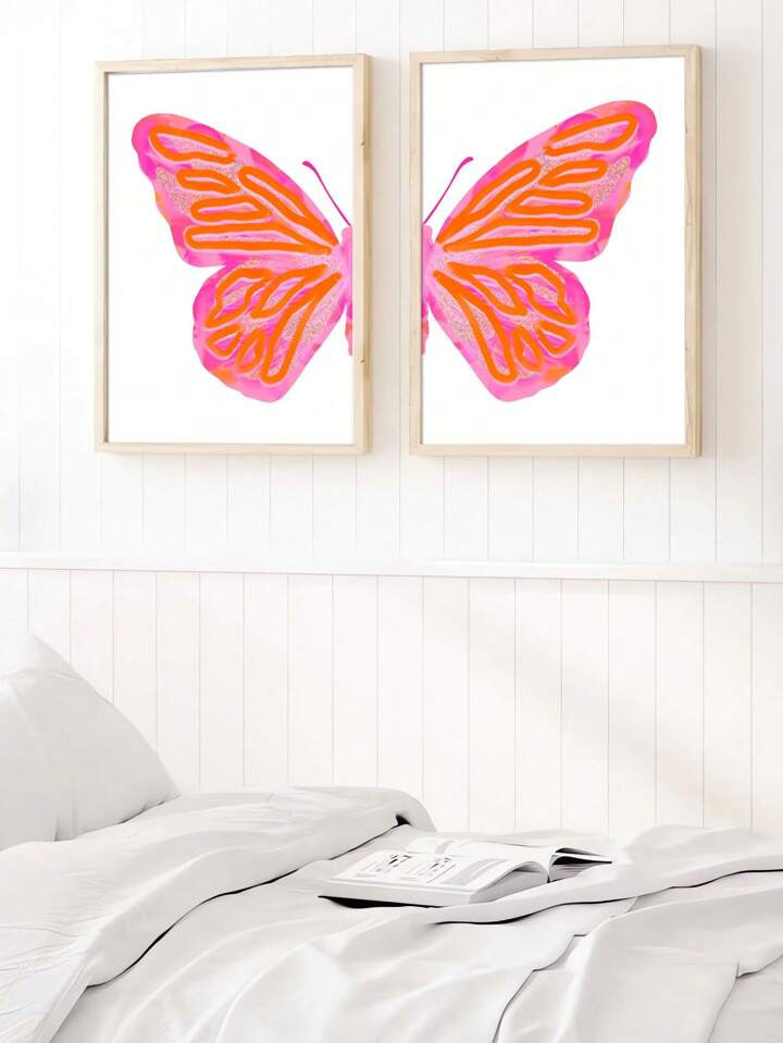 2pcs Set Pink Orange Split Butterfly Y2K Trendy Painting Aesthetic Preppy Girl Dorm Decoration Fu... | SHEIN