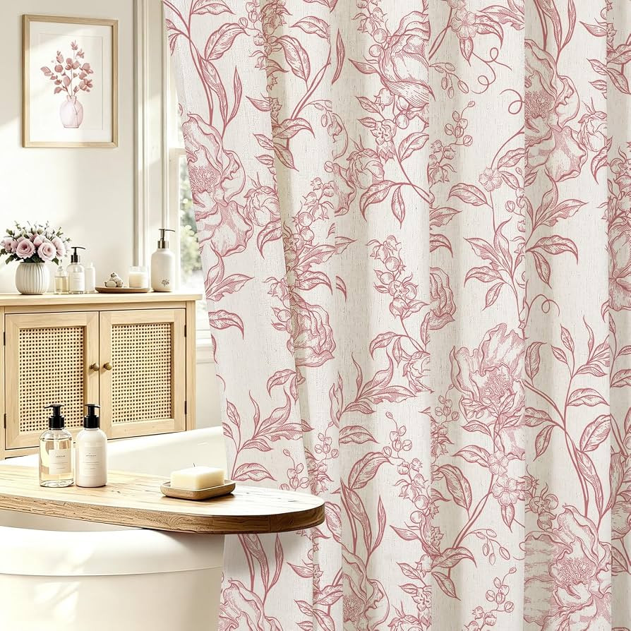 Pink Boho Linen Fabric Shower Curtain , Farmhouse Floral For Bathroom     Botanical Floral Print.... | Amazon (US)