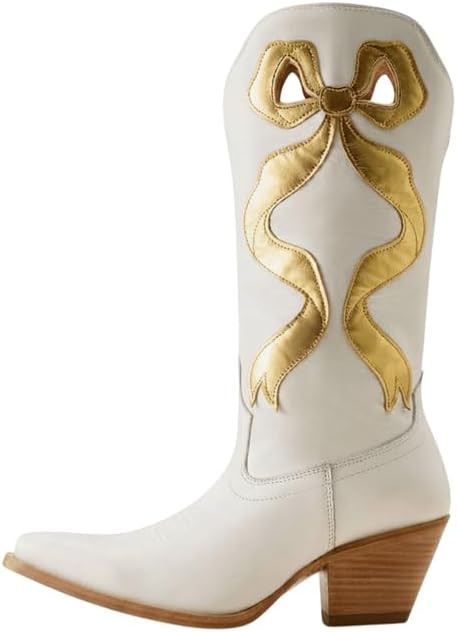 sexytag Cowboy Boots Mid Calf Gold Bow Cutout Western Boots | Amazon (US)