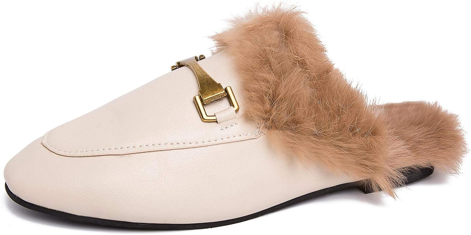 Knemksplanet Women's Mule Leather Slip On Fur Mules for Women Backless Flats Loafers Metal Decor Sli | Amazon (US)