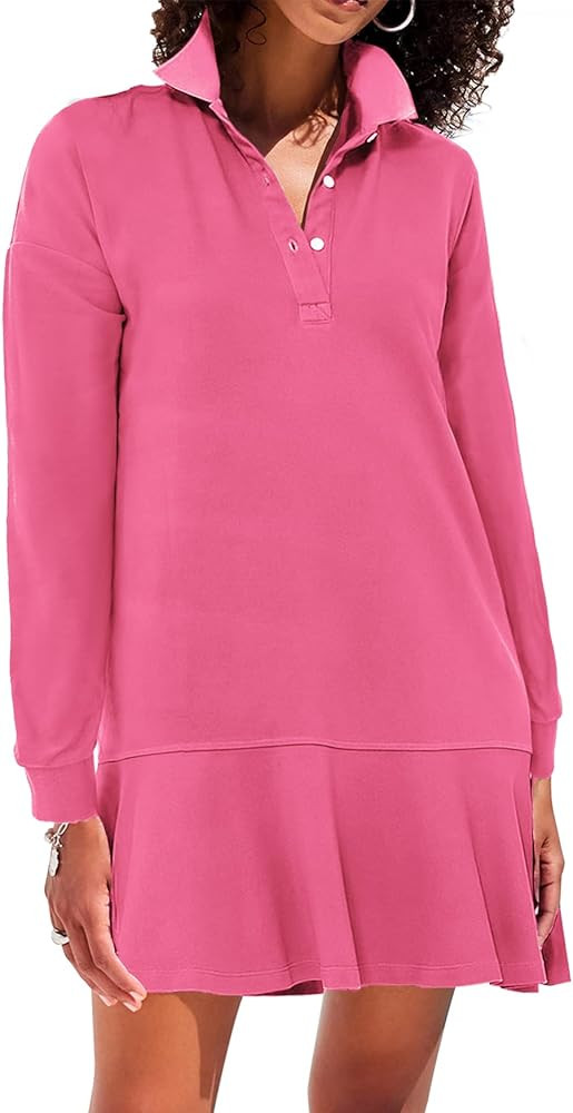 Women's Polo Dress Long Sleeve Collared V-Neck Ruffle Hem Mini Dresses for 2026 Spring | Amazon (US)