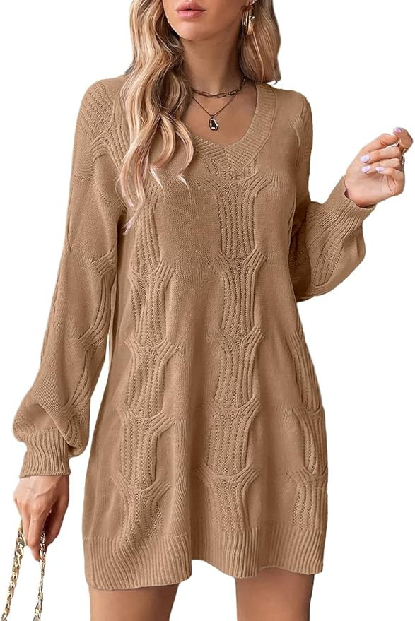Dyexces Womens Sweater Dress V Neck Long Lantern Sleeve Cable Knit Sweater Dresses Casual Loose P... | Amazon (US)