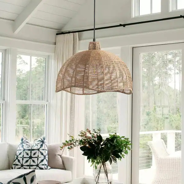 Farmhouse Brown 1-Light Woven Paper Rope Pendant Light | Bed Bath & Beyond