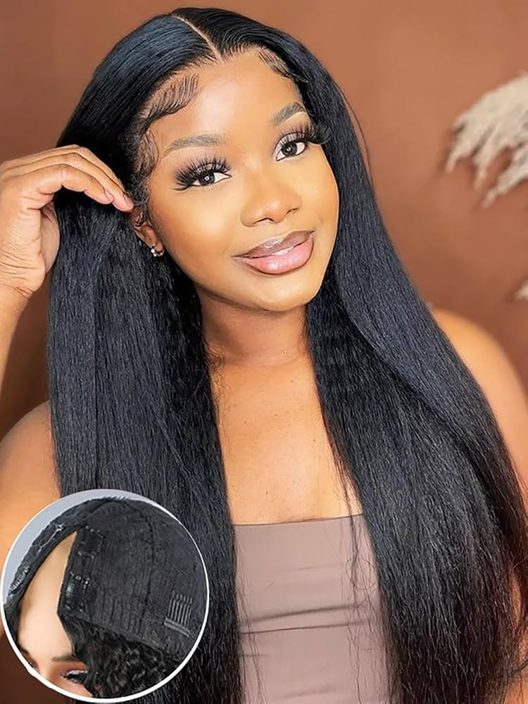 ISEE Kinky Straight V Part Wig Human Hair Yaki Straight for Black Women Glueless V Part Wig With ... | Amazon (US)
