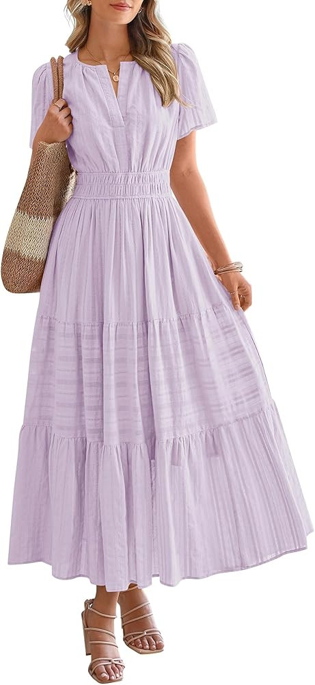 BTFBM Womens Summer 2025 Casual Midi Maxi Dresses Lightweight Short Sleeve V Neck Elastic Waist B... | Amazon (US)