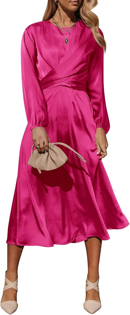 Women's Fall Fashion 2023 Long Sleeve Satin Dress Tie Back Casual Flowy Midi Dresses | Amazon (US)