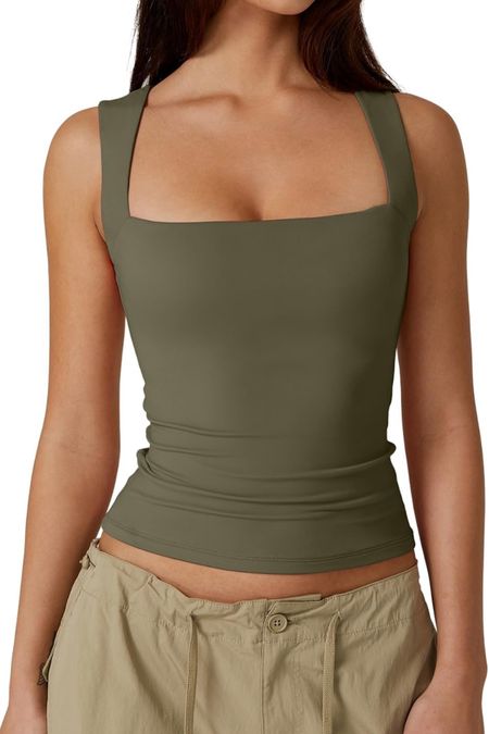 New! 
Women's Square Neck Sleeveless Double-Layer Tank Tops Basic Tight T Shirts.

#LTKfindsunder50
