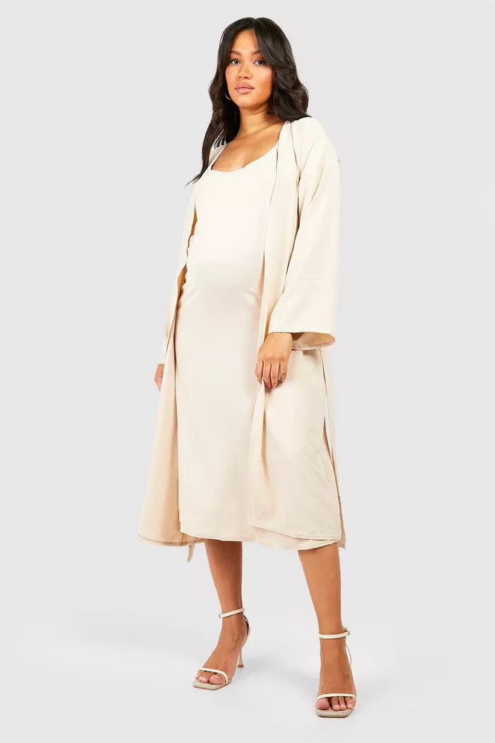 Maternity Textured Strappy Midi Dress And Belted Kimono | boohoo (US & Canada)