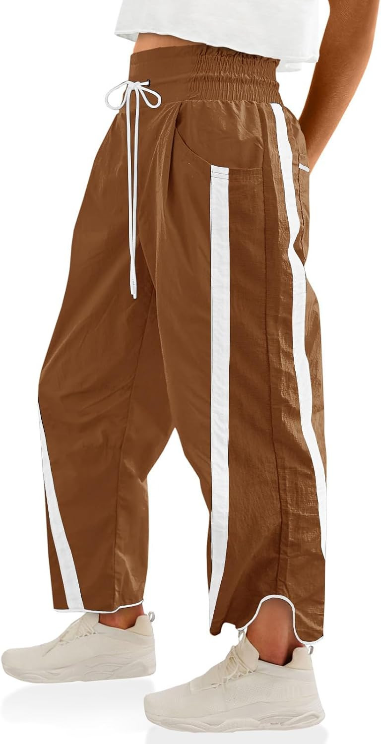 Womens Pants Baggy Wide Leg Casual Workout Elastic Waisted Stripes Track Pockets Y2K Barrel Trendy | Amazon (US)