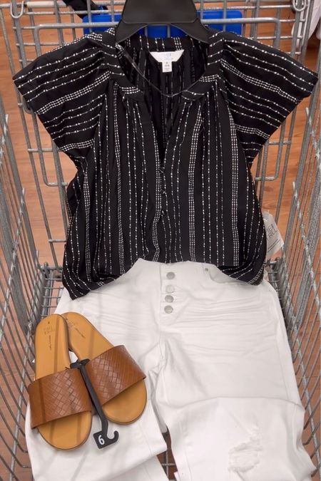 Walmart outfit idea with this lightweight cotton top and white jeans. This top comes in four colorways, I’ve noticed the black one and the white one are the softest whereas the blue and pink are a bit rough. Top tts S, jeans tts 6. #walmartfashion #walmartfinds 

#LTKstyletip #LTKover40 #LTKfindsunder50